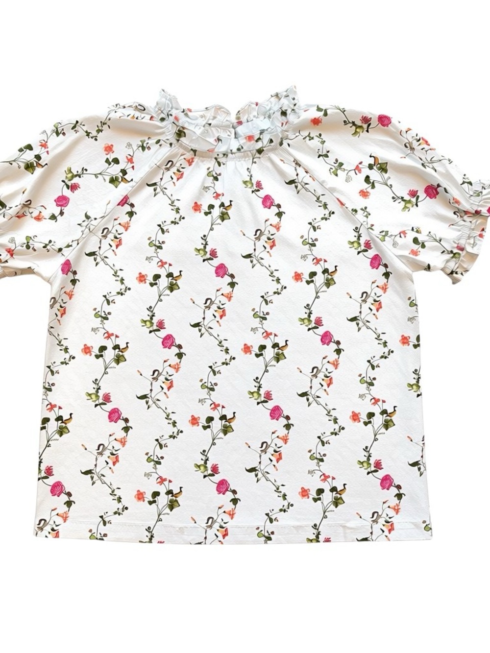 Hill House Home Floral Bird Print Puff Sleeve Top Cottagecore Coastal Cotton M